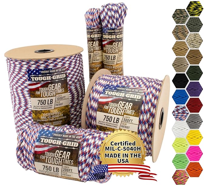 TOUGH-GRID 750lb Patriot Paracord/Parachute Cord - Genuine Mil Spec Type IV 750lb Paracord Used by The US Military (MIl-C-5040-H) - 100% Nylon - 500Ft. - Patriot