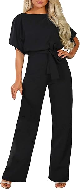 Happy Sailed Women Casual Loose Short Sleeve Belted Wide Leg Pant Romper Jumpsuits (Black, S)