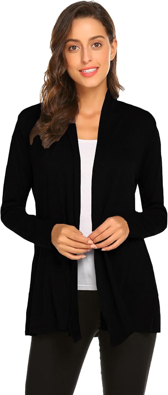 Newchoice Women's Long Black Cardigans Open Front Lightweight Long Sleeve Cardigan Dusters Casual Loose Kimono (Black, M)