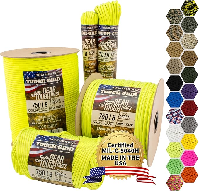 TOUGH-GRID 750lb Paracord/Parachute Cord - 100% Nylon Mil-Spec Type IV Paracord Used by The US Military, Great for Bracelets and Lanyards, 1000Ft. - Neon Yellow