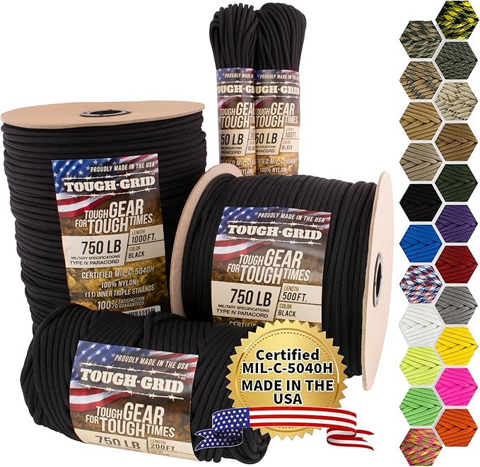 TOUGH-GRID Premium 750lb Paracord Rope - Made in USA - 100% Nylon Type IV Mil-Spec - UV & Abrasion Resistant - Used by US Military - 500Ft. - Black